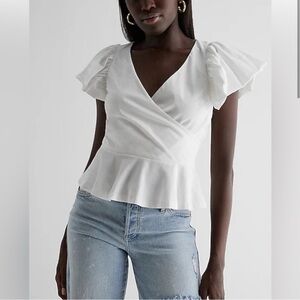 *NEW EXPRESS Women's White Wrap Style Puff Sleeve Peplum Top/Shirt - Large